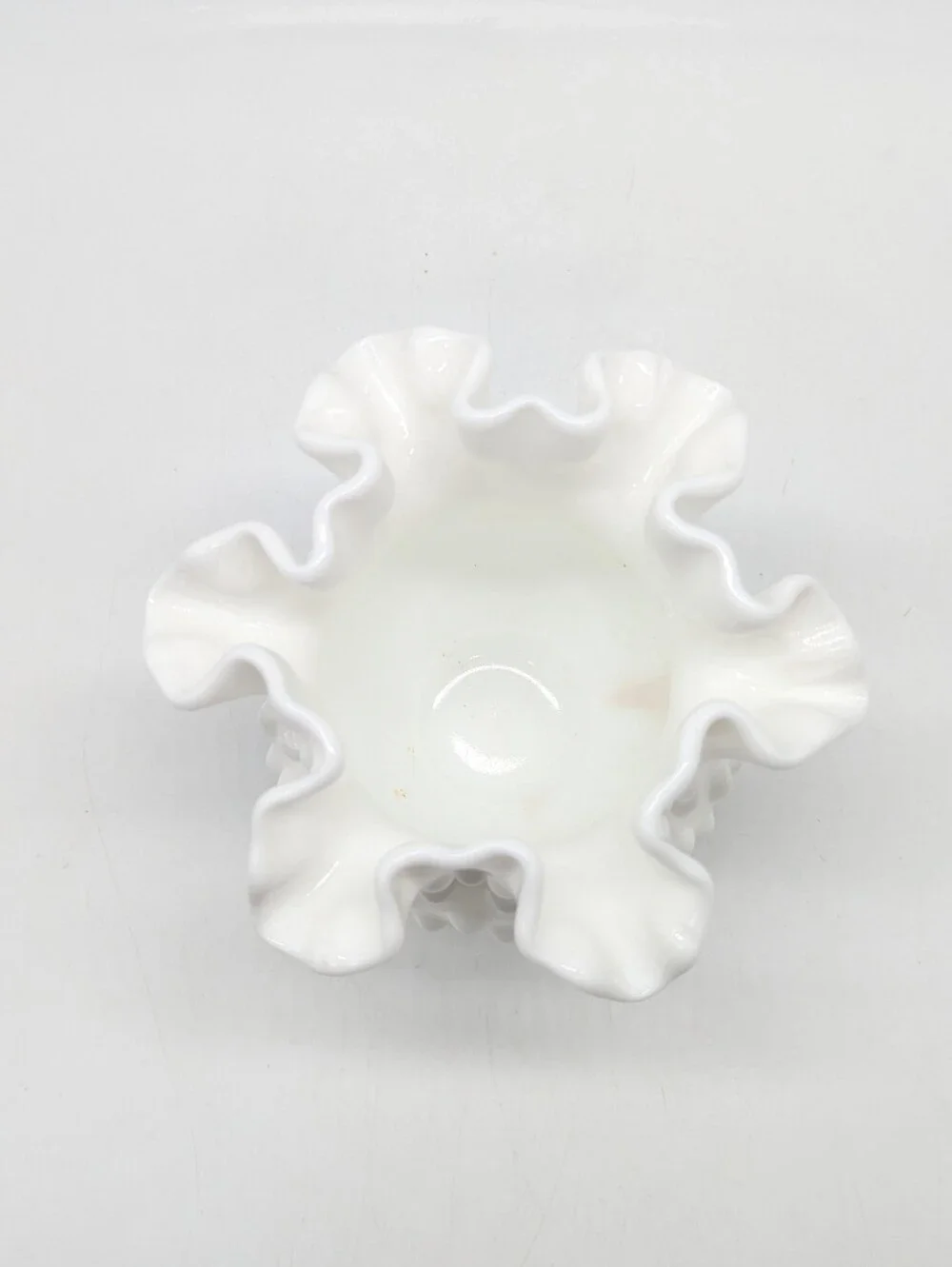 Vintage Fenton White Crimped Ruffle Edge Hobnail Vase